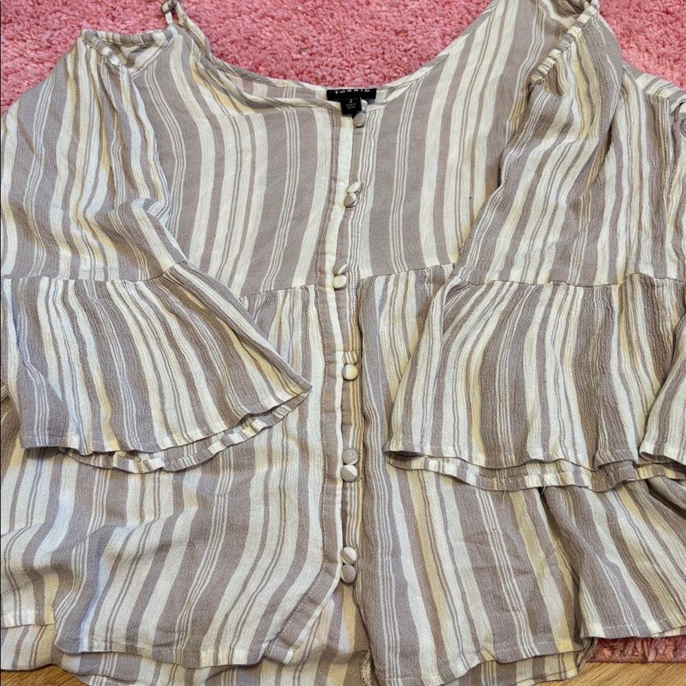 Striped Button-Down Blouse Cold Shoulder